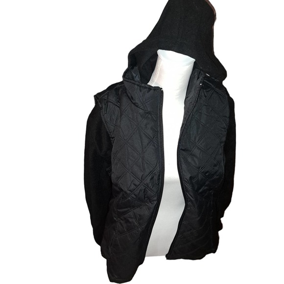 NIB-Med Denim&Co Black Quilted Zip Front Vest Removable Fleece Hoodie - Picture 2 of 9